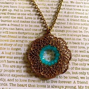 Pretty Flower Gold Plated Scrolled Hearts Turquoise Blue Beads Woman’s Necklace